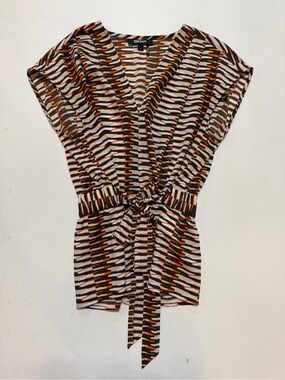 DKNY Brown, Cream & Orange Geometric Tie-Waist Blouse